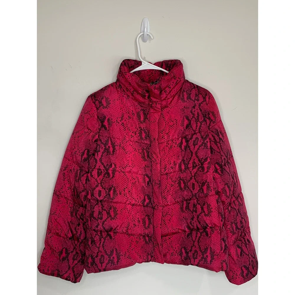 Betsey Johnson Quilted Puffer Coat Fuchsia Snakeskin Print Small Inidi Sleeze